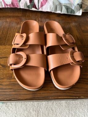 Time and Tru Tan Double Buckle Slide Sandals